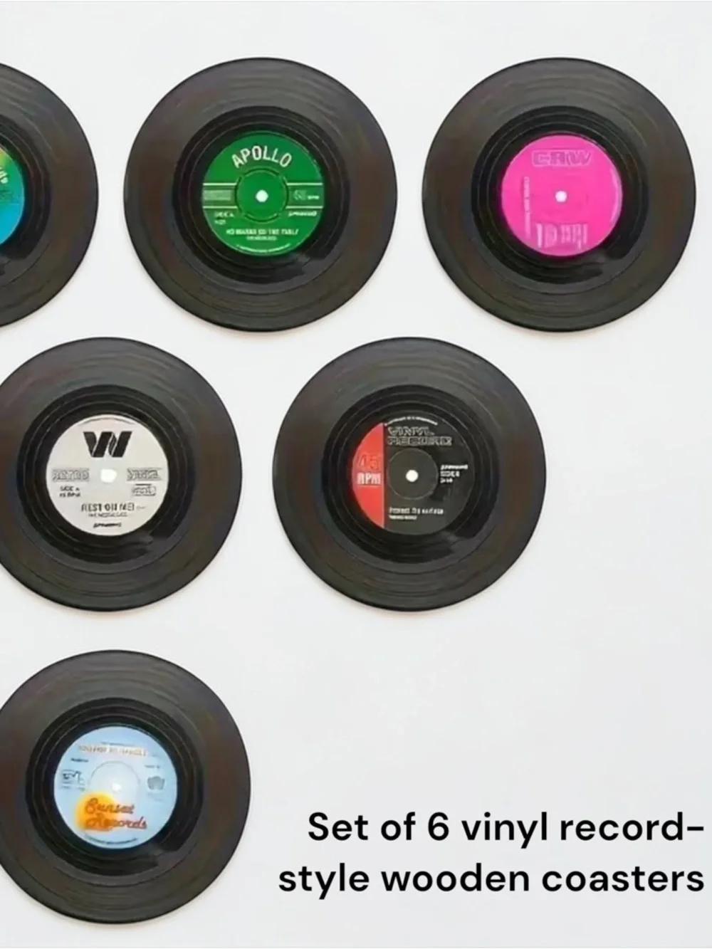 Retro Vinyl Inspired Record Coasters Set of 6 | Wooden | NWOT